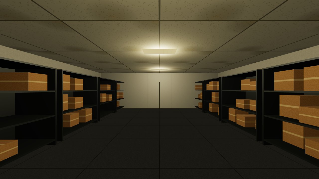 ROOMS: the stockroom, shelves of boxes on both sides, yellow wallpaper on the back wall